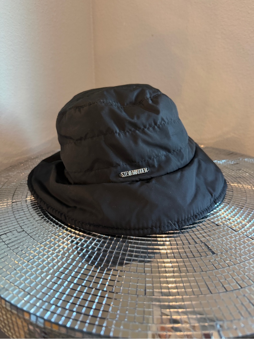 Steve Madden Black Quilted Bucket Hat with Metal Logo